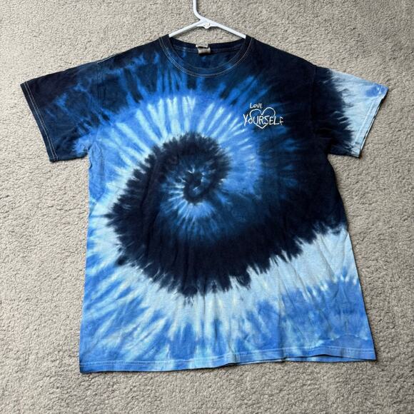 Tie Dye Shirt Adult Medium Blue and White Love Yourself Embroidered Short Sleeve - Picture 1 of 9